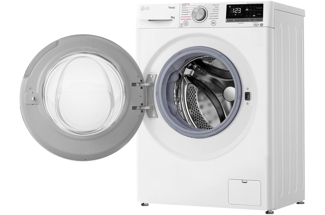 LG Стиральная машина узкая LG F2V5PS0W с паром, 8 кг, Стиральная машина LG F2V5PS0W с открытой дверцей (вид справа), F2V5PS0W, thumbnail 11
