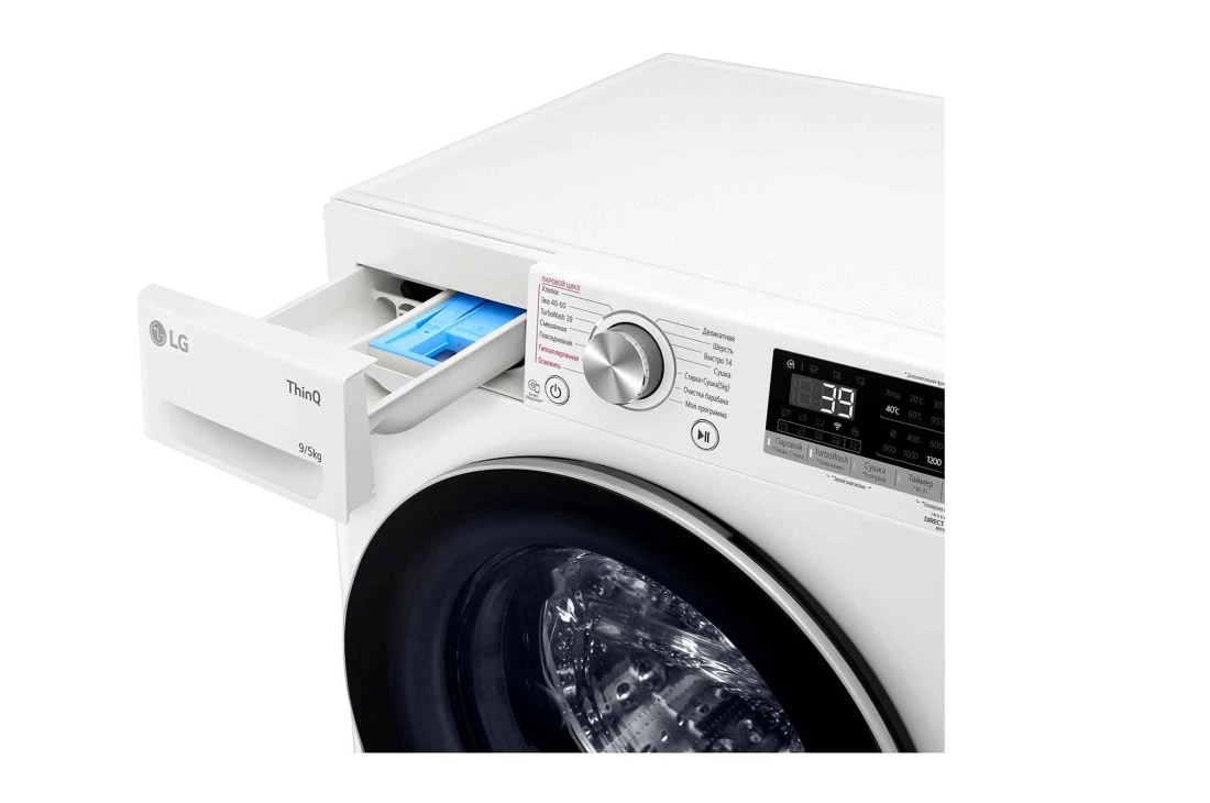 LG Узкая стирально-сушильная машина LG F2V7FR1W с паром, 9/5 кг, Стирально-сушильная машина LG F2V7FR1W с открытым лотком (вид справа), F2V7FR1W, thumbnail 5