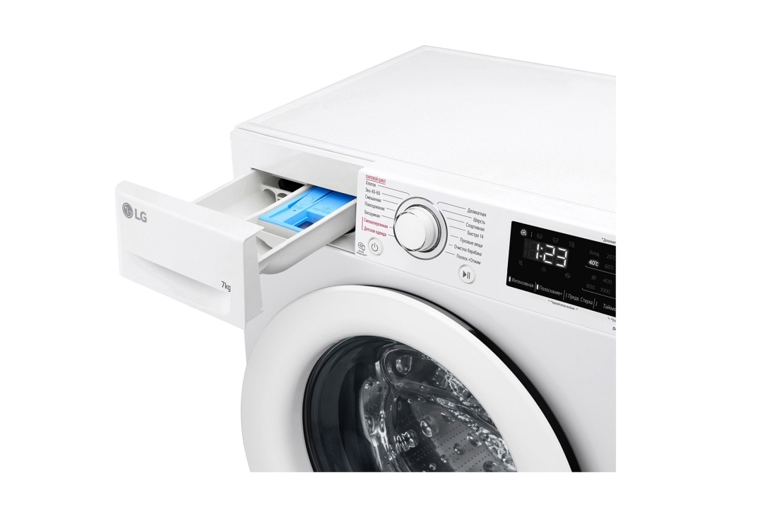 LG Стиральная машина узкая LG F2V3HS3W с паром, 7 кг, Стиральная машина LG F2V3HS3W с открытым лотком (вид справа), F2V3HS3W, thumbnail 5
