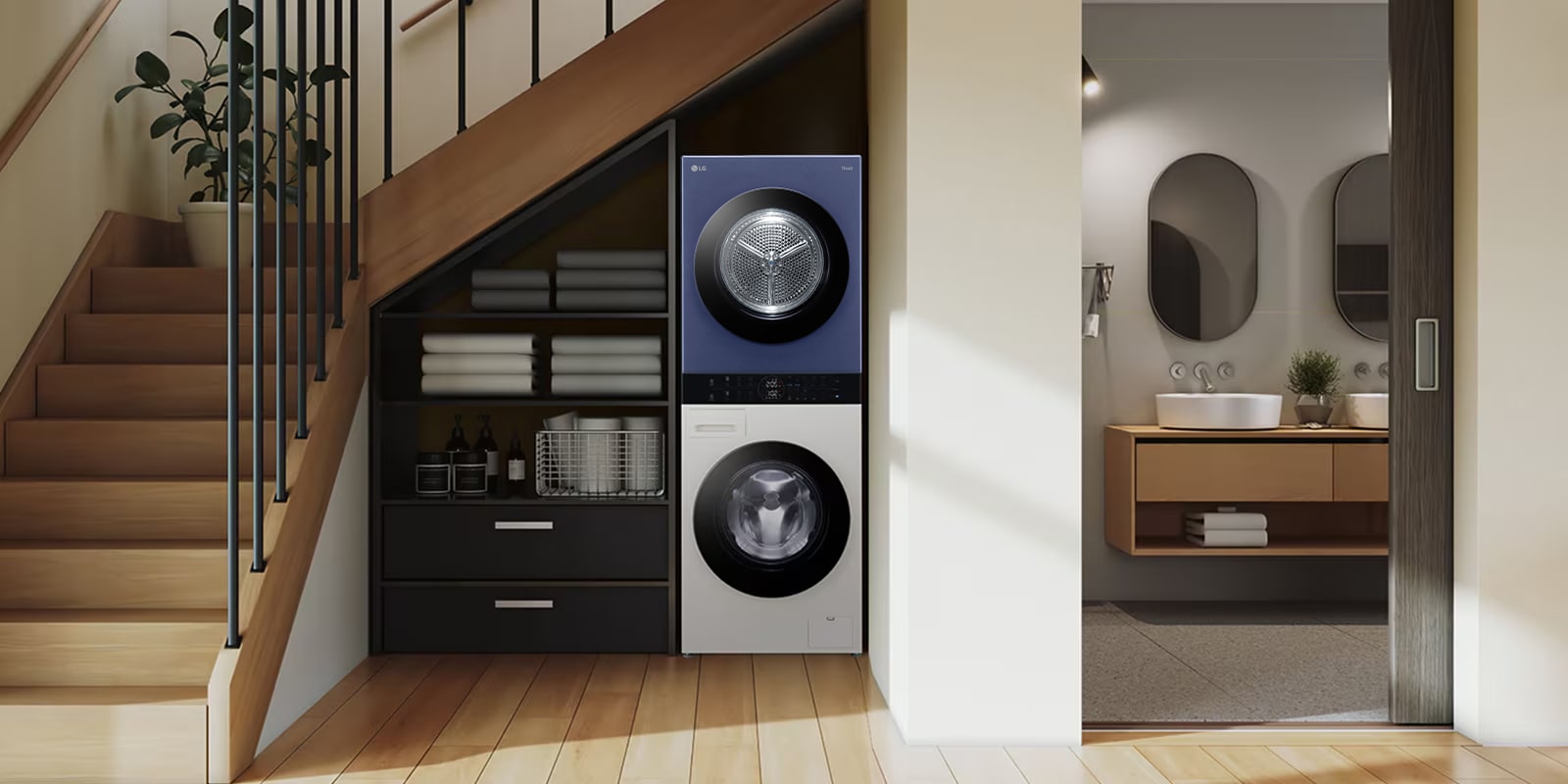 This is the wall of a room that looks like a utility room. Washtower is arranged in harmony with other furniture.