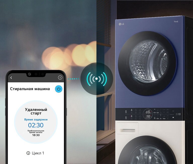 An image on the left shows a man looking down at his phone. The image on the right shows the washer at home with a green light on the display. At the center of the two images in a picture of the screen of the phone which shows the washer on the LG ThinQ app and a connectivity icon.