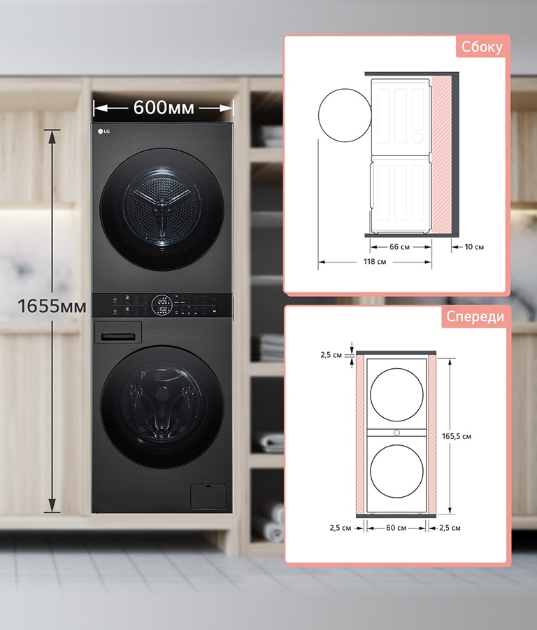 It explains how much space is needed when installing the wash tower. We need 10cm for the back and 2.5cm for the left and right.