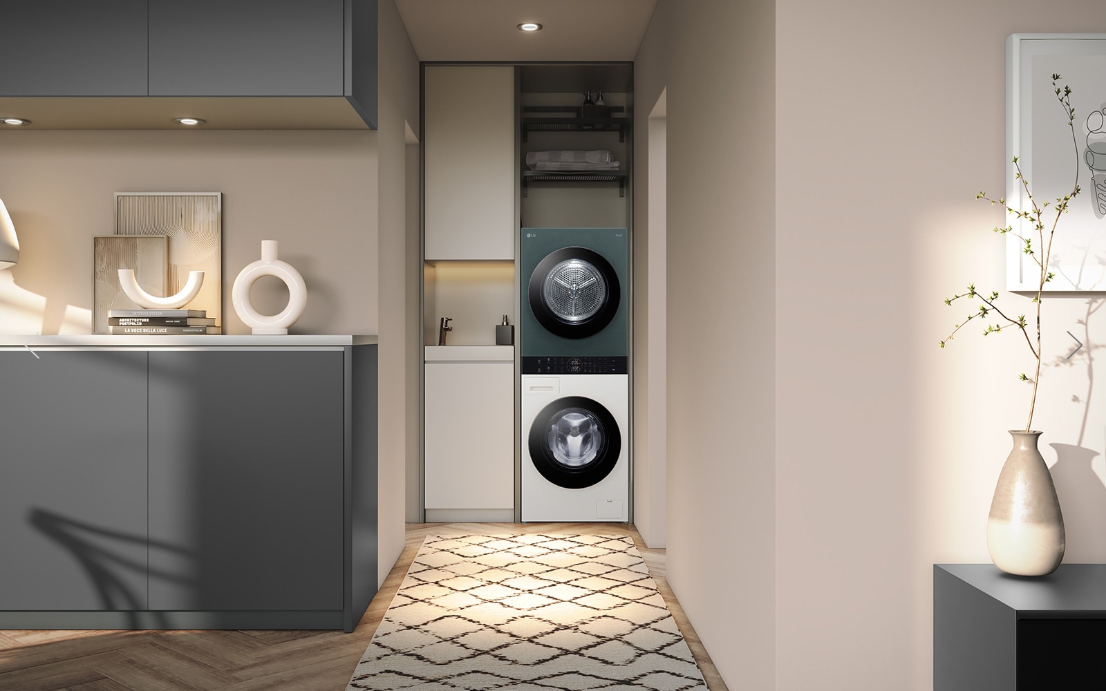 Washtower is arranged in harmony with other furniture