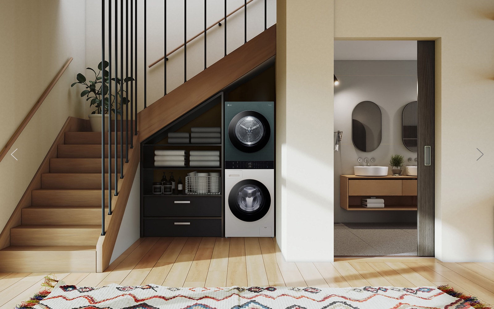 This is the wall of a room that looks like a utility room. Washtower is arranged in harmony with other furniture.