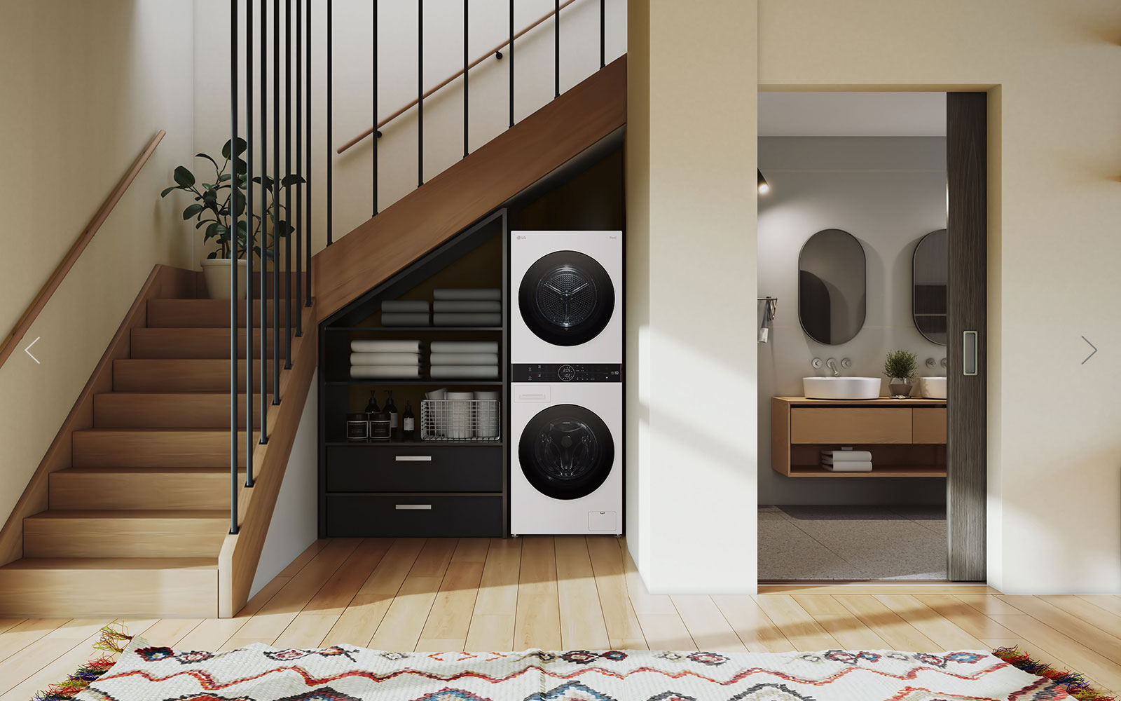 This is the wall of a room that looks like a utility room. Washtower is arranged in harmony with other furniture.