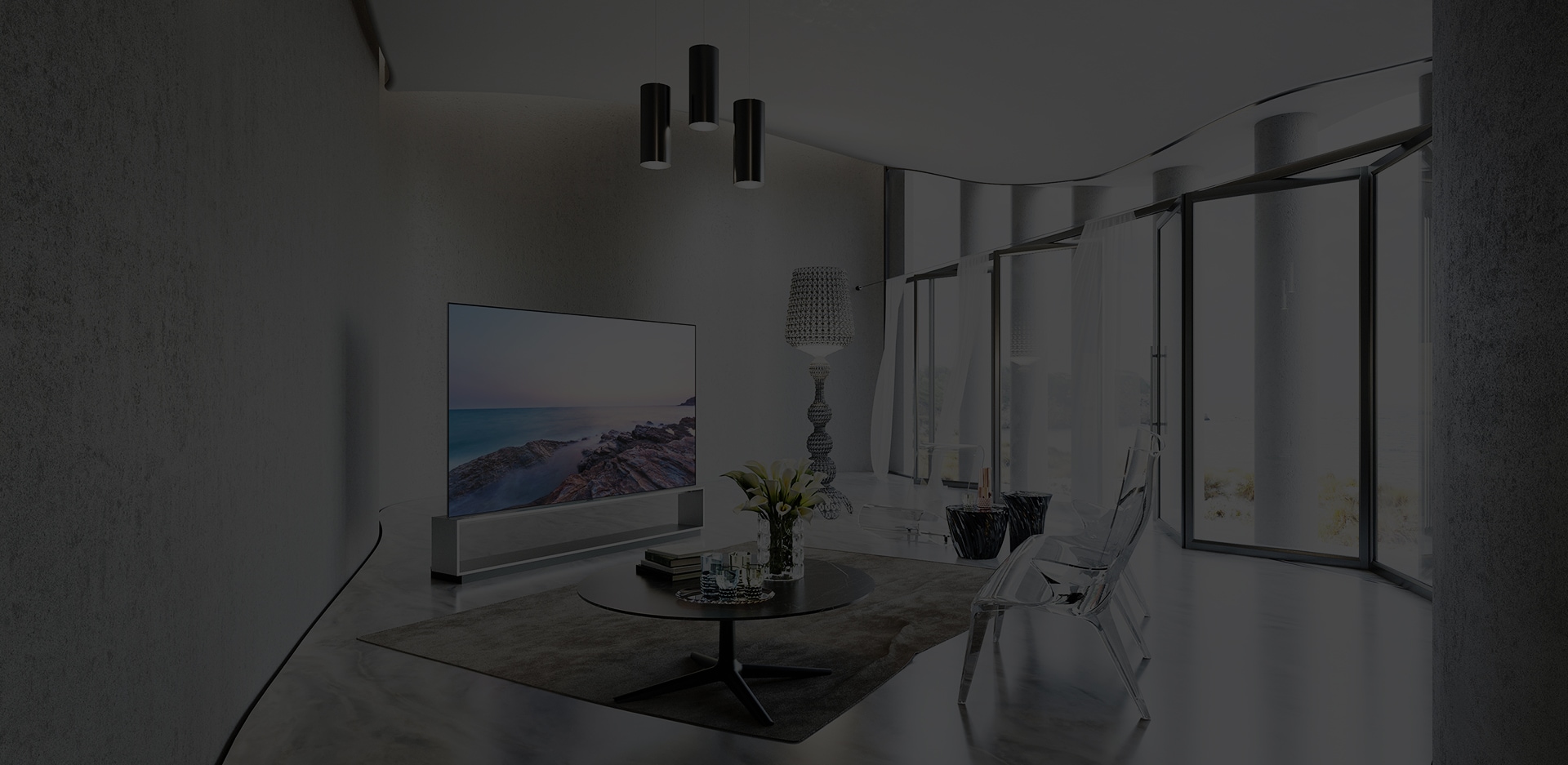 Телевизор LG SIGNATURE OLED 8K ZX в роскошной современной гостиной с предметами мебели от Kartell.