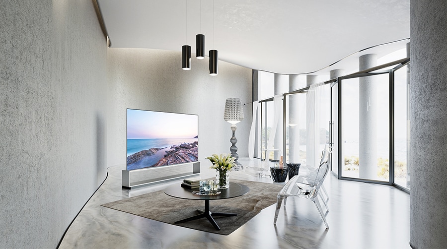 Телевизор LG SIGNATURE OLED 8K ZX в роскошной современной гостиной с предметами мебели от Kartell.
