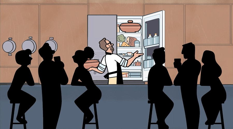 Иллюстрация с холодильником LG SIGNATURE во время вечеринки.