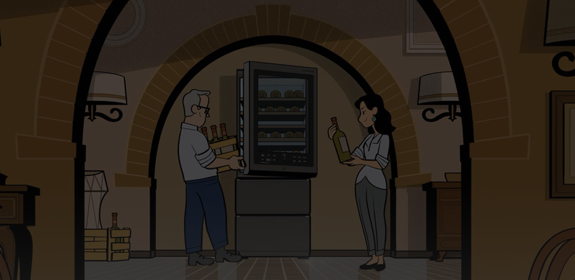 Иллюстрация функции автоматического открывания двери винного шкафа LG SIGNATURE — с участием Джеймса Саклинга и его жены.