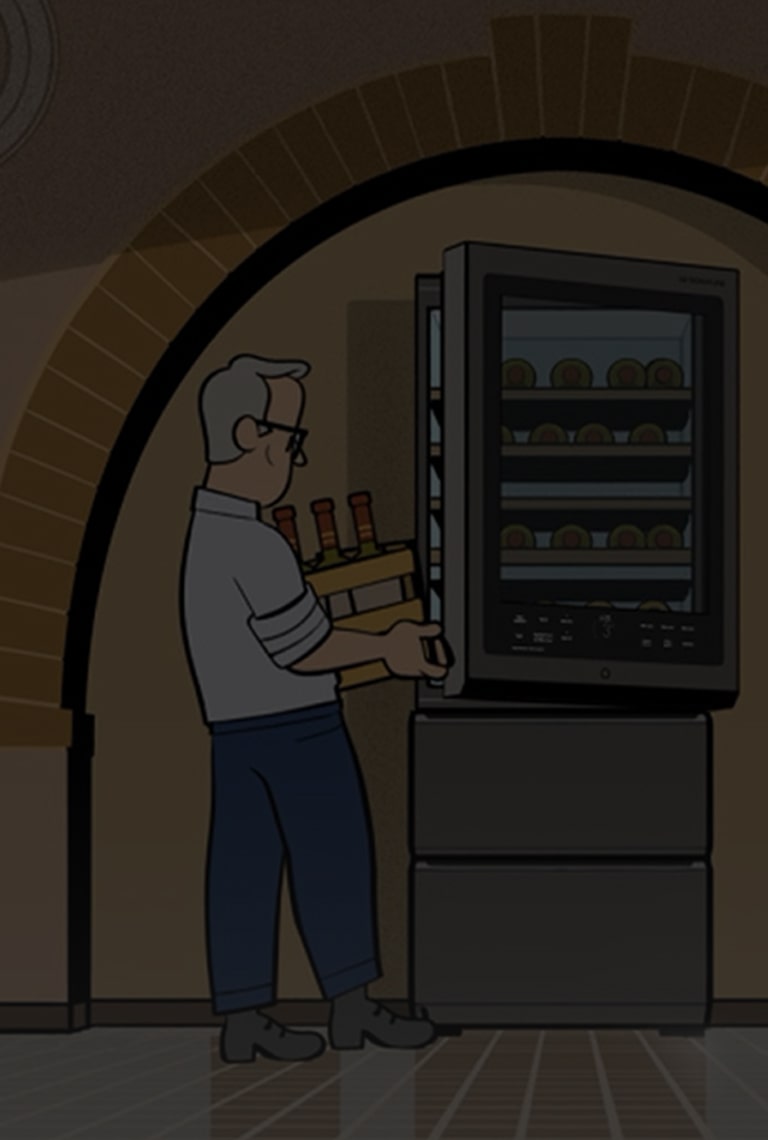 Иллюстрация функции автоматического открывания двери винного шкафа LG SIGNATURE — с участием Джеймса Саклинга и его жены.