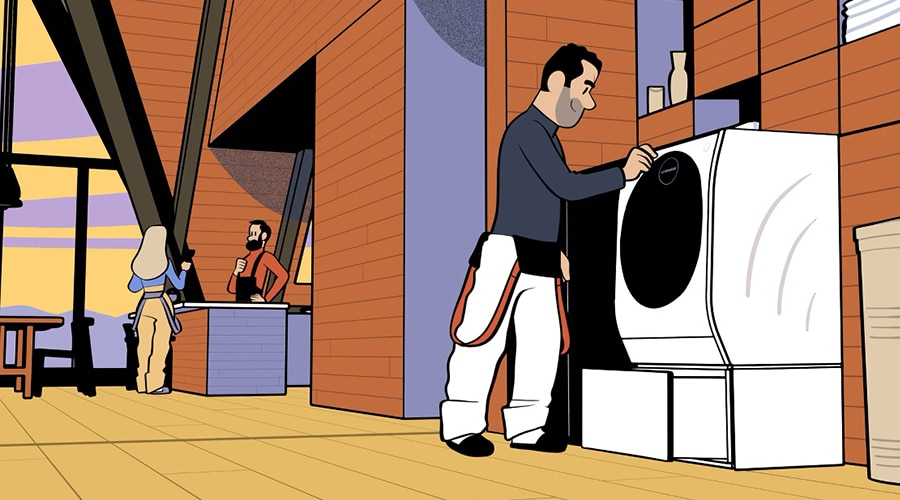 Иллюстрация со стиральной машиной LG SIGNATURE с функцией двойной загрузки белья на фоне испанских Пиренеев.