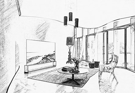 Вариант эскиза с телевизором LG SIGNATURE OLED 8K, расположенным в роскошной современной гостиной с предметами меблировки от Kartell.