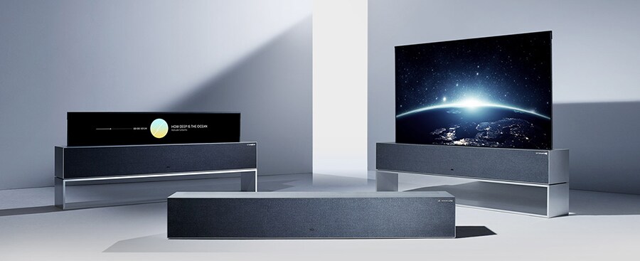 Сворачивающиеся телевизоры OLED TV R в различных режимах: полноэкранном, линейном и без экрана.