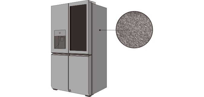 Изображение, на котором показан материал корпуса холодильника LG SIGNATURE и которое объясняет, что такое текстурированная сталь