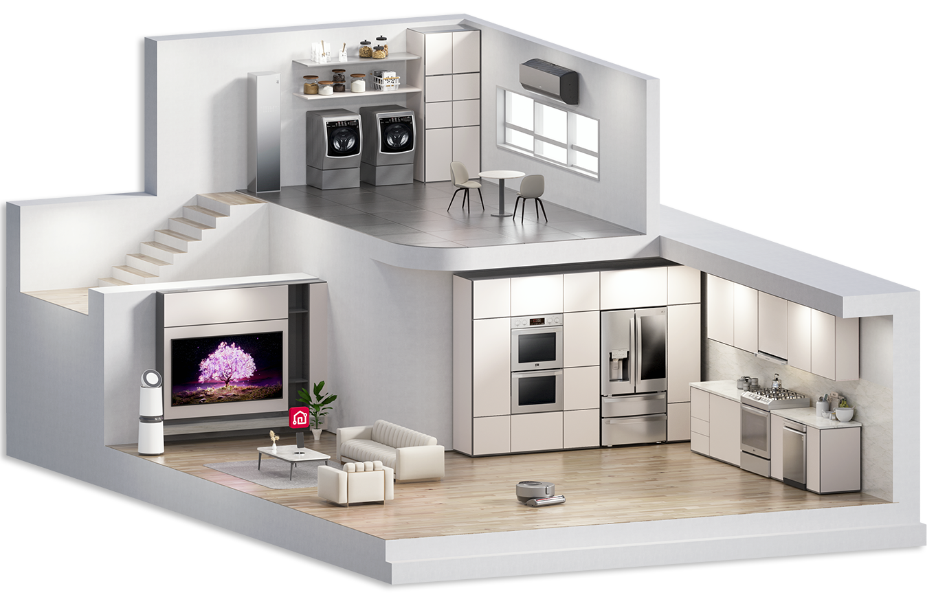 Разрез 3D-модели двухэтажного дома с техникой LG ThinQ.