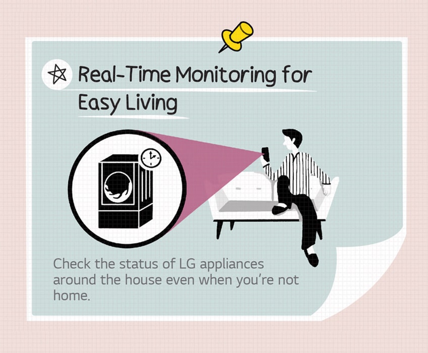 Мониторинг в реальном времени для легкой жизни. Проверяйте состояние бытовой техники LG в доме, даже когда вас нет дома. Мужчина проверяет статус прачечной с помощью приложения lg thinq.