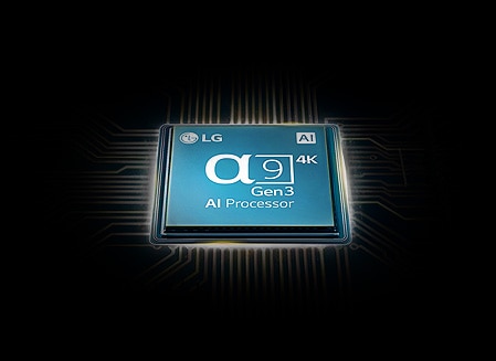 Alpha 9 Gen3 AI Processor chip shining with blue graphics on black background