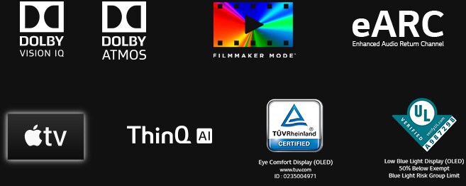 The mark of DOLBY VISION IQ, The mark of DOLBY ATMOS, The mark of Режиссерский режим, The mark of eARC, The mark of apple TV, The mark of LG ThinQ, The mark of TÜV Rheinland, The mark of UL Verification