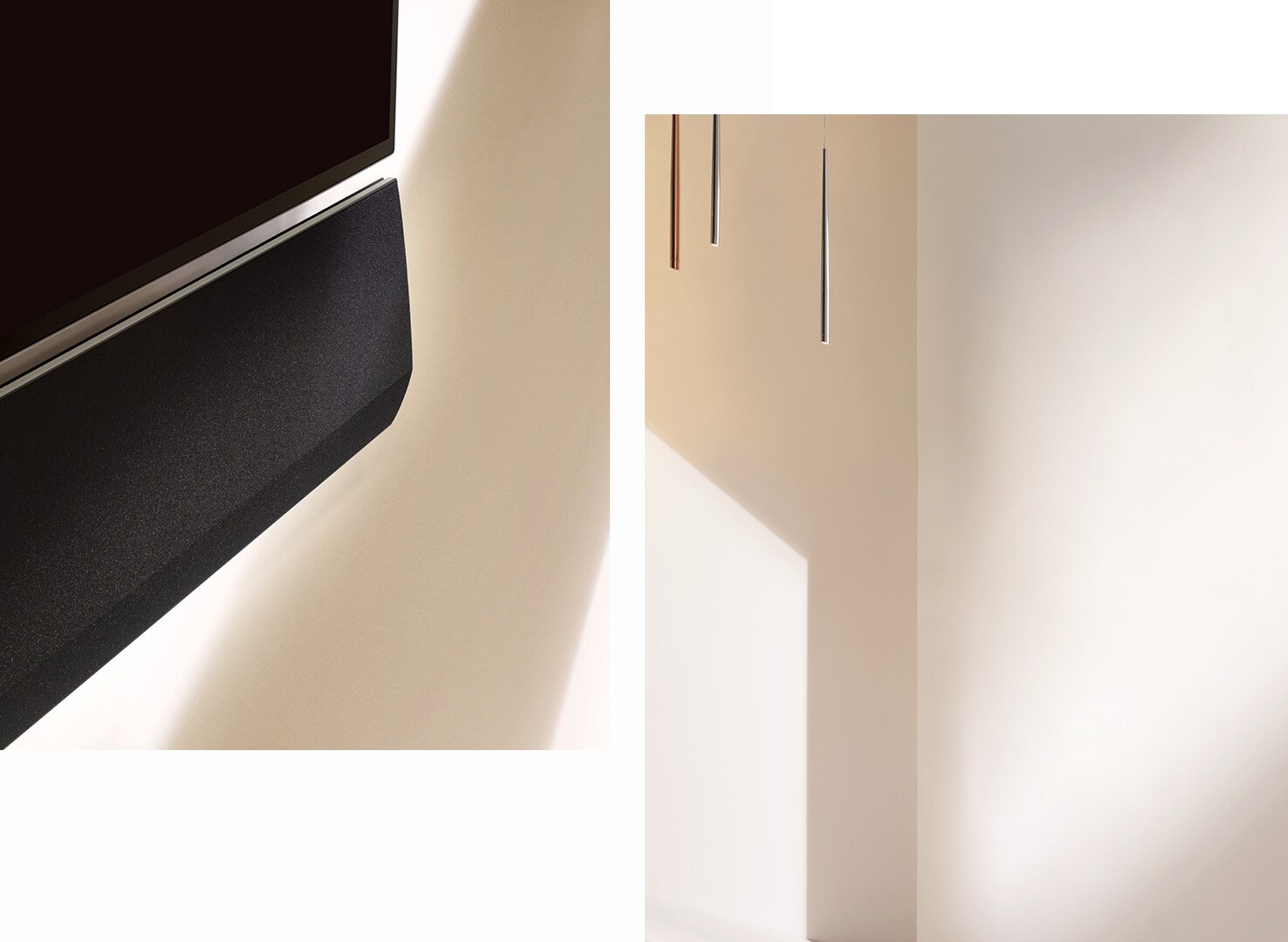 Two different angles of a wall-mounted Gallery Design with Gallery Soundbar mounted below