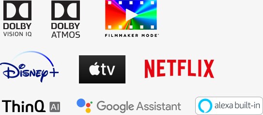 The mark of DOLBY VISION IQ, The mark of DOLBY ATMOS, The mark of FILMMAKER MODE, The mark of disney+, The mark of apple TV, The mark of NETFLIX, The mark of LG ThinQ, The mark of Google Assistant, The mark of alexa built-in