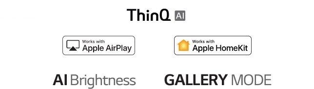 The mark of LG ThinQ, The mark of Google Assitant, The mark of Apple AirPlay, The mark of Apple Homekit, The mark of alexa built-in, The mark of AI Brightness, The mark of GALLERY MODE