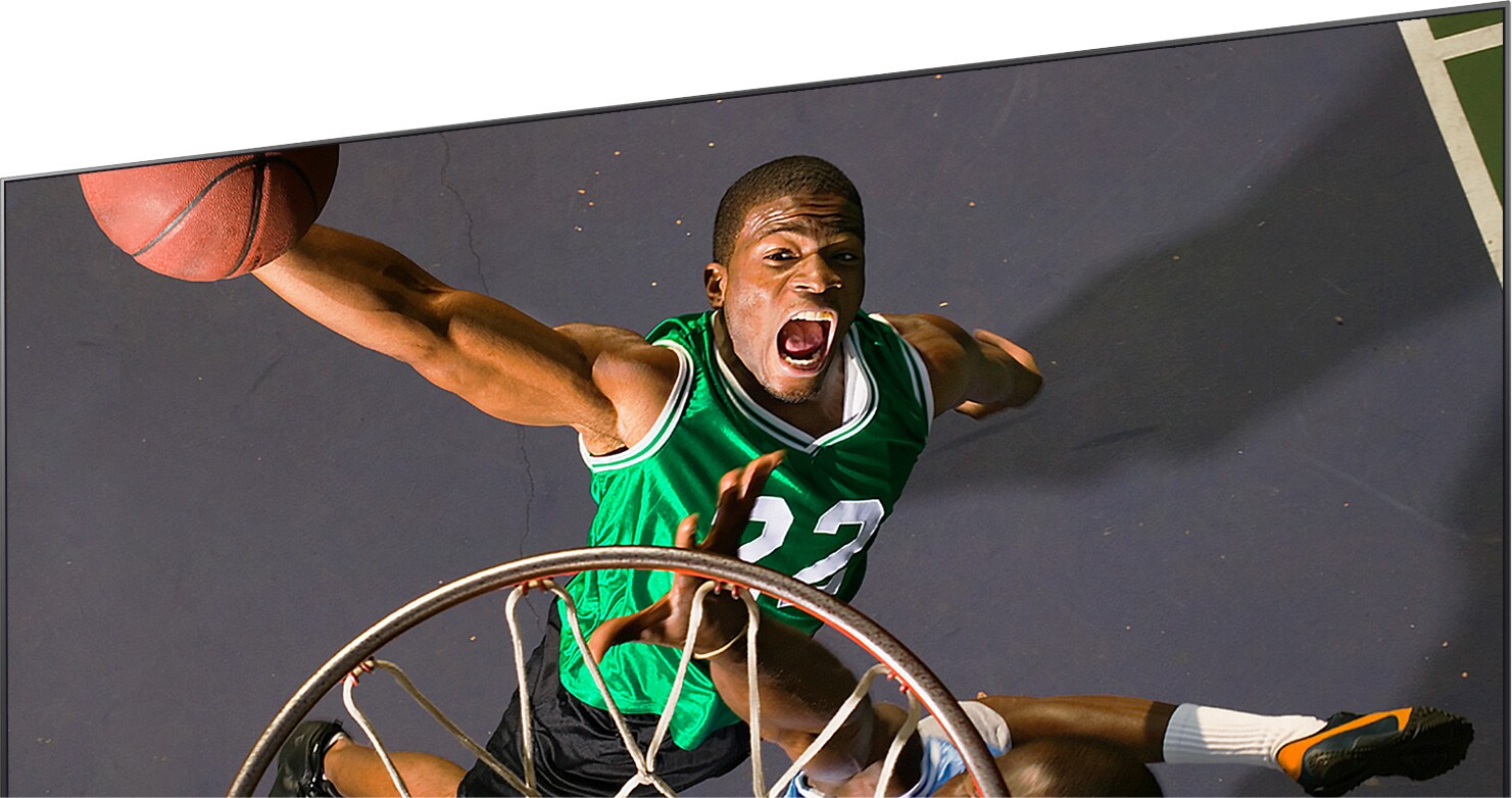 View from the top of the backboard capturing a basketball player about to dunk with an 8K realism