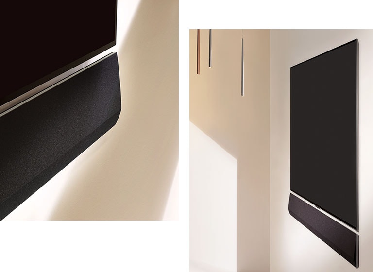 Two different angles of a wall-mounted Gallery Design with Gallery Soundbar mounted below