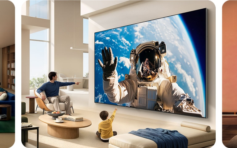 Телевизор LG QNED evo AI Mini LED с ультрабольшим экраном создает по-настоящему масштабный эффект погружения. Яркие кинематографичные сцены — от астронавта в космосе и космической битвы в видеоигре до пляжа на закате и захватывающего горного пейзажа — демонстрируют, как разнообразно можно наслаждаться контентом на ультрабольшом экране QNED.