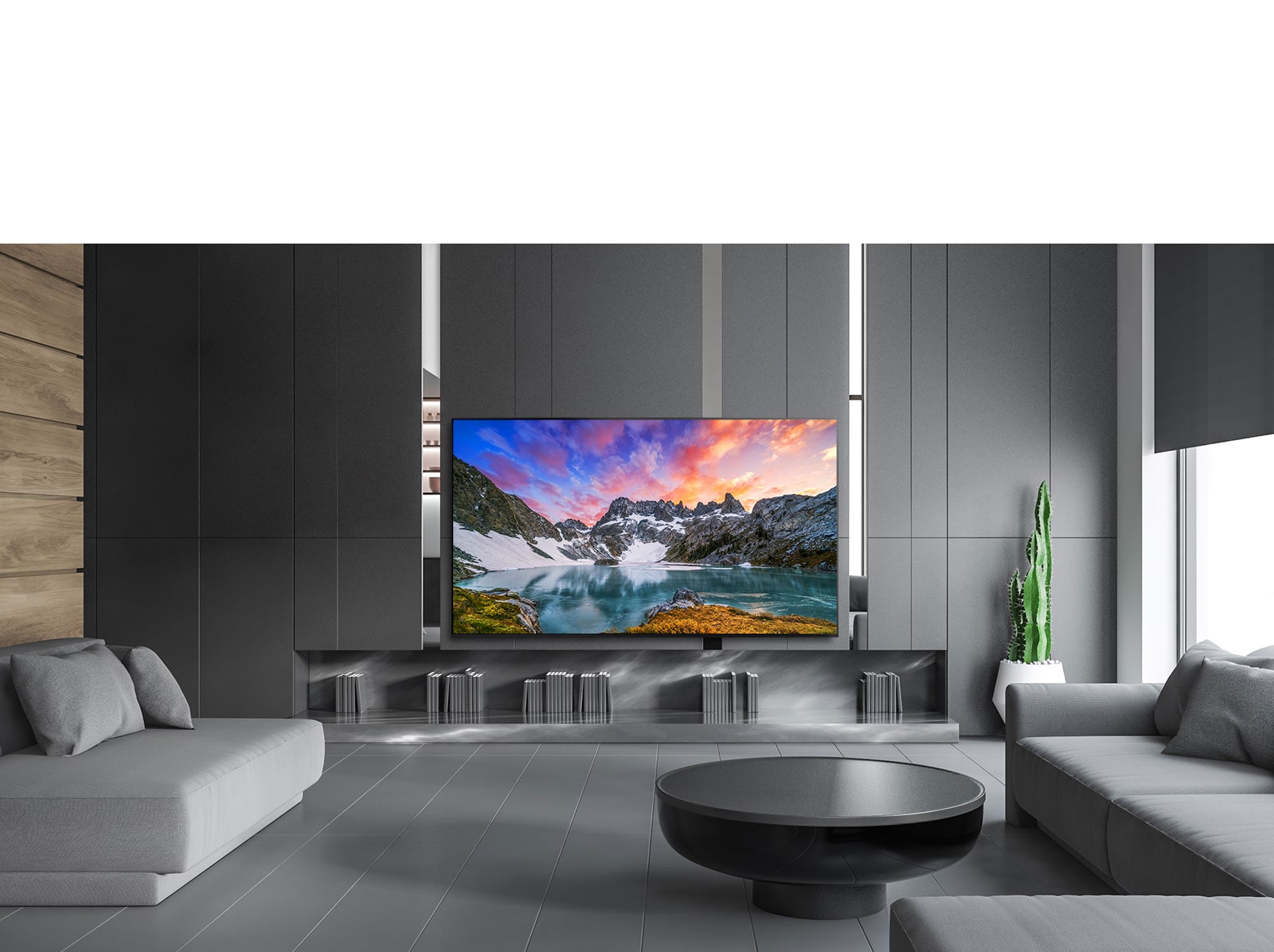 TV showing an eye level view of nature in a luxurious house setting