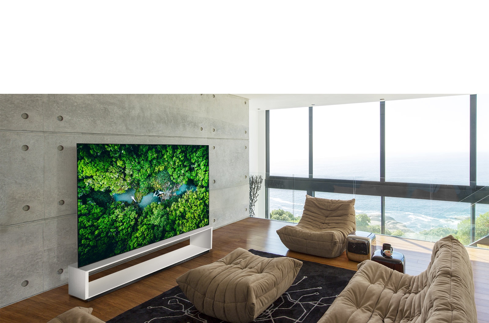 Luxurious living room with a sofa and a TV showing an aerial view of nature