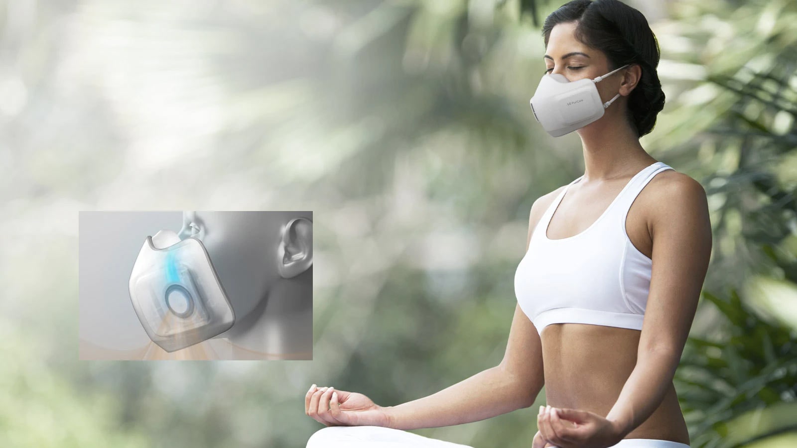 A woman sits in a forest with the Puricare mask on as she does yoga. A video inset in the image shows a computer generated version of the mask and magnifies into the interior of the mask to show how the air goes and out of the mask.