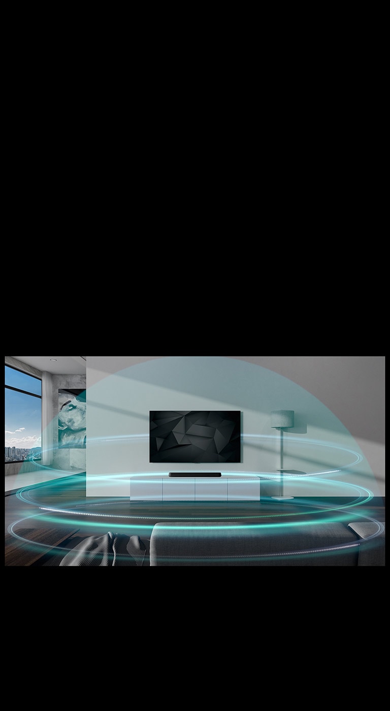 Blå kupolformade ljudvågor i tre lager täcker soundbaren och TV-apparaten som sitter på väggen i vardagsrummet.