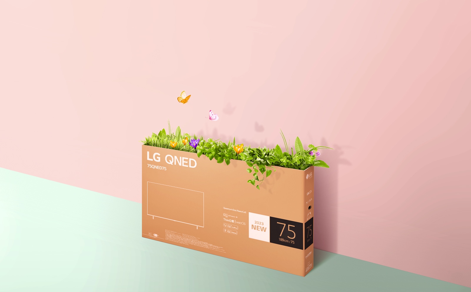 En förpackning för QNED står placerad på en rosa och grön bakgrund. Gräs växer och fjärilar flyger ut ur förpackningen. 