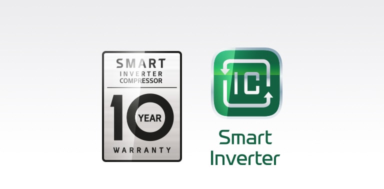 Smart Inverter Compressor 10 års garanti-ikon bredvid Smart Inverter Compressor-ikonen.