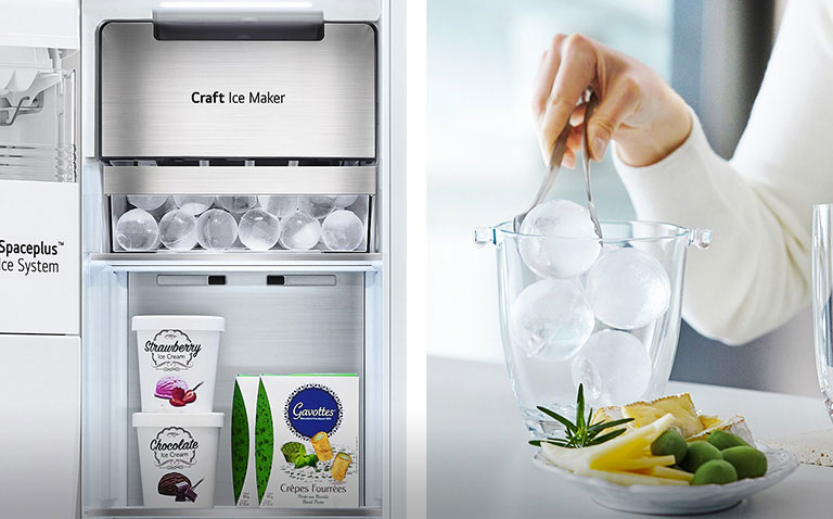 Two images are side by side. The left image shows the interior of the freezer stocked with ice cream and the Craft Ice Maker in the top with perfectly round ice cubes in the drawer. The right image shows a hand using tongs to grab round ice cubes to put in a class.