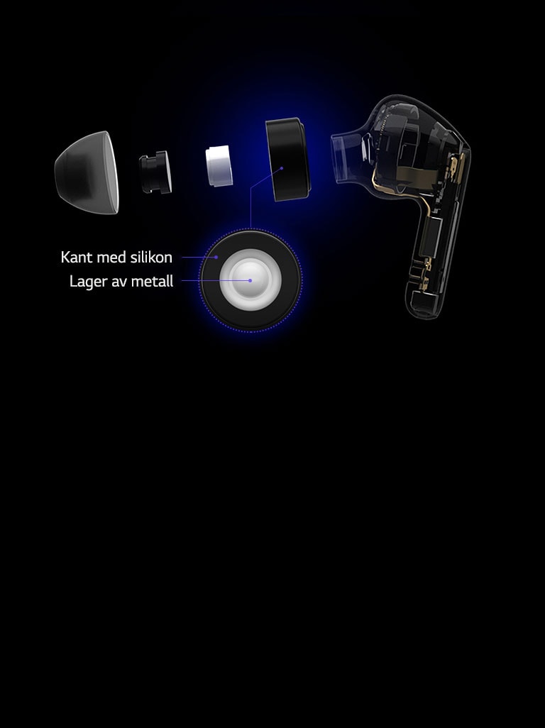 En bild av en svart hörlur som delas in i fyra delar för att visa den avancerade teknologin som finns inuti den.