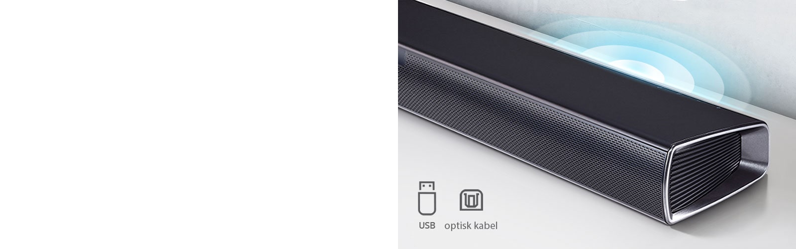 LG Soundbar är på en vit hylla. Grafik som visar ljud kommer ut från högtalaren. Den visar ikoner för USB och optisk kabel