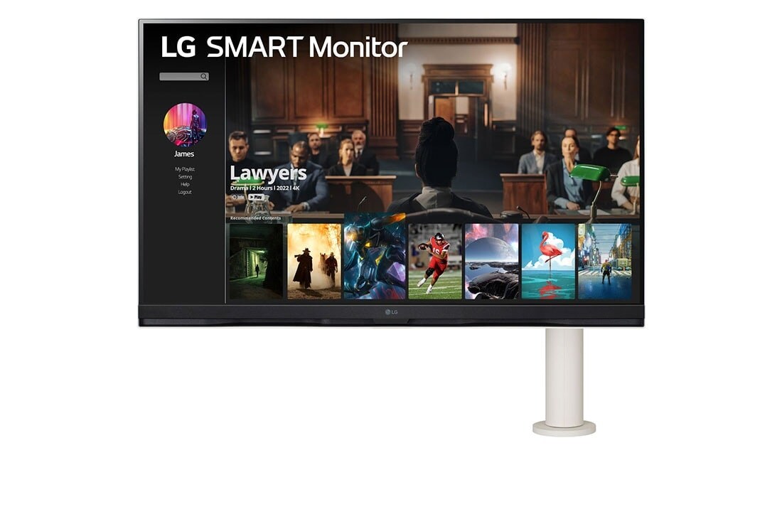 LG 32'' 4K UHD Smart Monitor med webOS och Ergo-stativ., vy framifrån med monitorarmen till höger, 32SQ780S-W