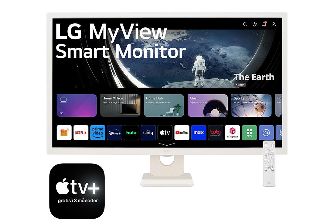 LG 31,5'' Full HD IPS Smart Monitor med webOS, vy framifrån med fjärrkontroll, 32SR50F-W