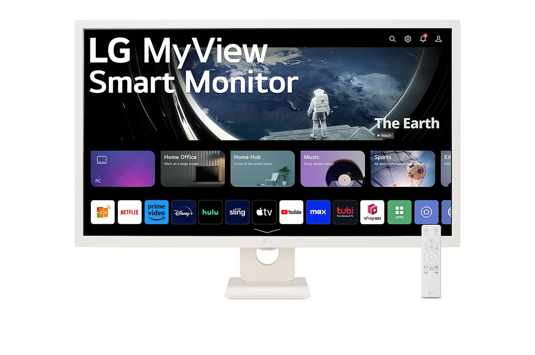 LG 31,5'' Full HD IPS Smart Monitor med webOS, vy framifrån med fjärrkontroll, 32SR50F-W