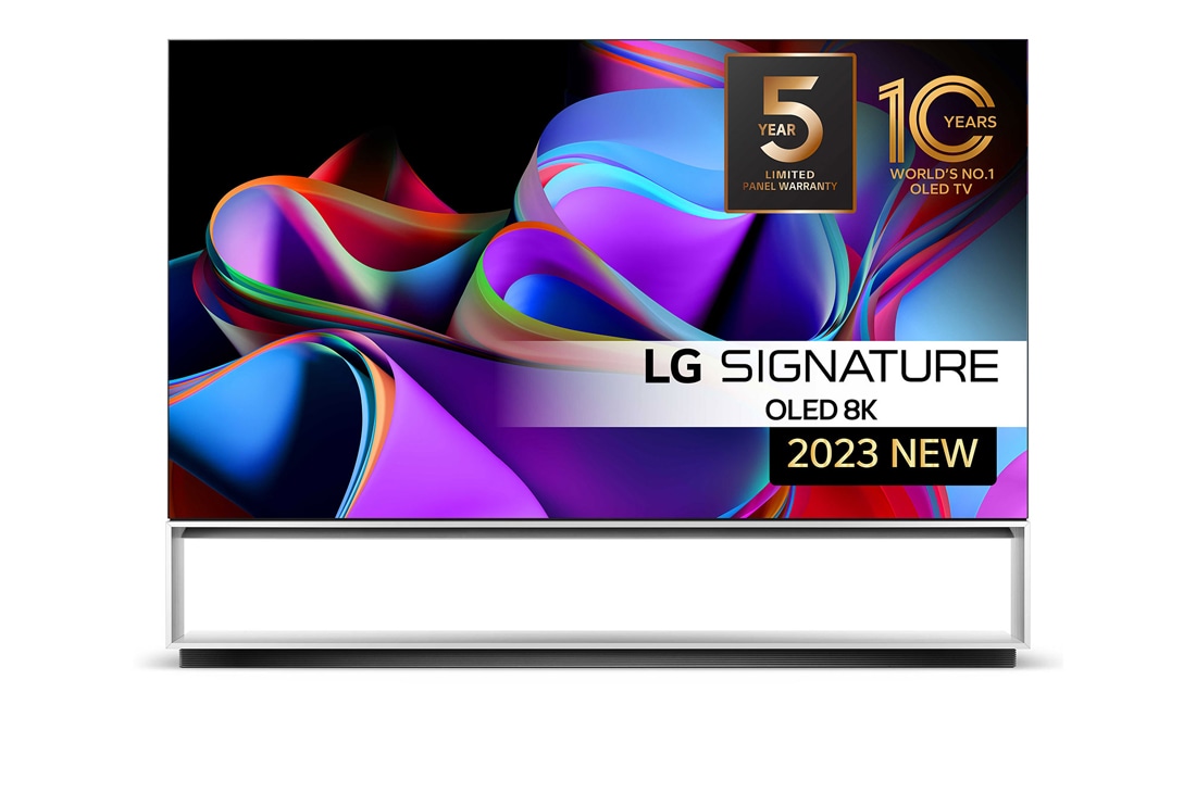 LG 88'' SIGNATURE OLED 8K - OLED Z3 (2023), Vy framifrån med LG OLED 8K evo, logotypen för 10 Years World No.1 OLED, och logotypen för 5 års panelgaranti är på skärmen., OLED88Z39LA