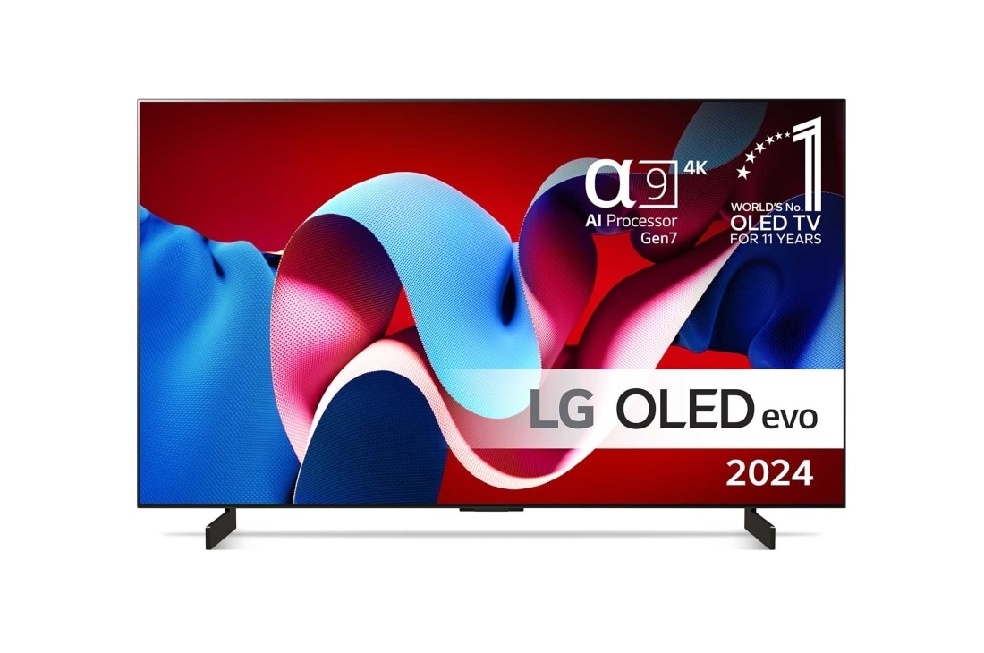 LG 42'' LG OLED evo C4 4K Smart TV 2024, Vy framifrån med LG OLED evo TV, OLED C4, 11 Years of world number 1 OLED Emblem och alpha 9 4K AI processor Gen7 logotyp., OLED42C44LA