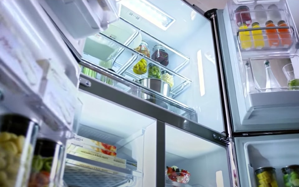 A closeup inside image of LG InstaView Door-in-Door refrigerator