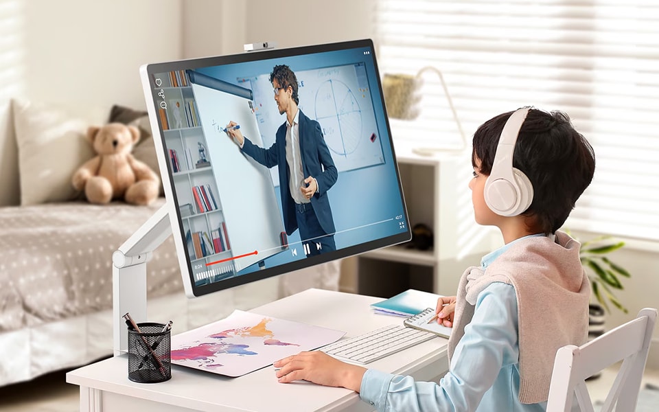 A child taking a class while looking at an LG 360 monitor