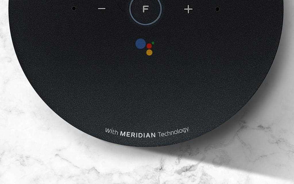A zoom view of LG ThinQ speaker created with Meridian Audio partnership and Google Assistant
