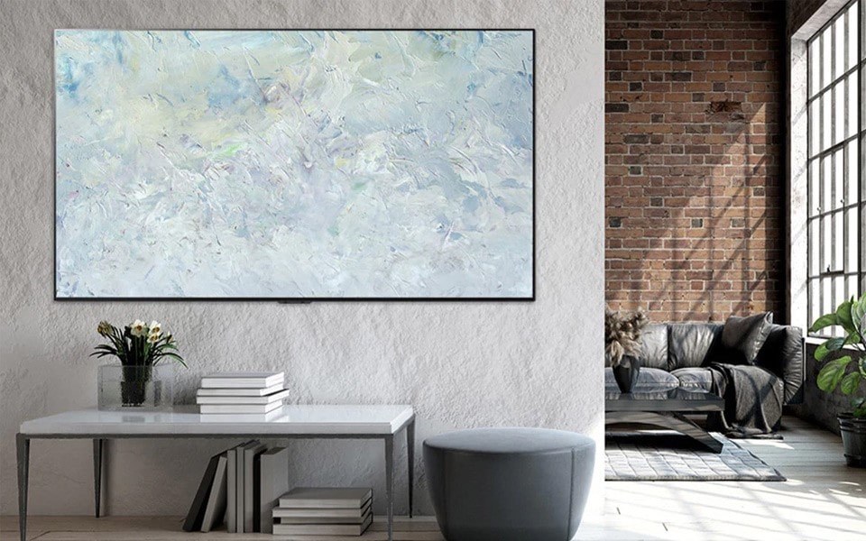 The gallery design of an LG OLED GX TV allowing it to imitate a piece of wall art in a living space.