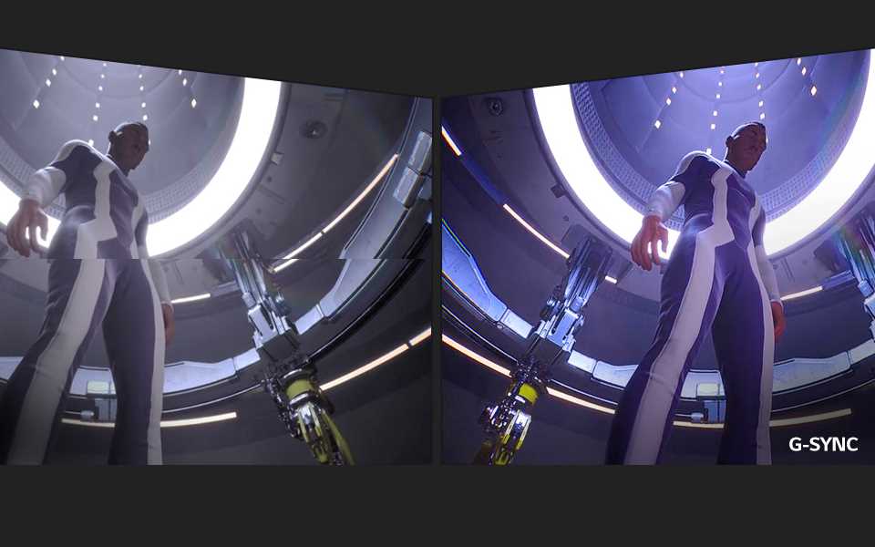 A comparison image of gaming visual quality with and without the use of Nvidia G-Sync technology.