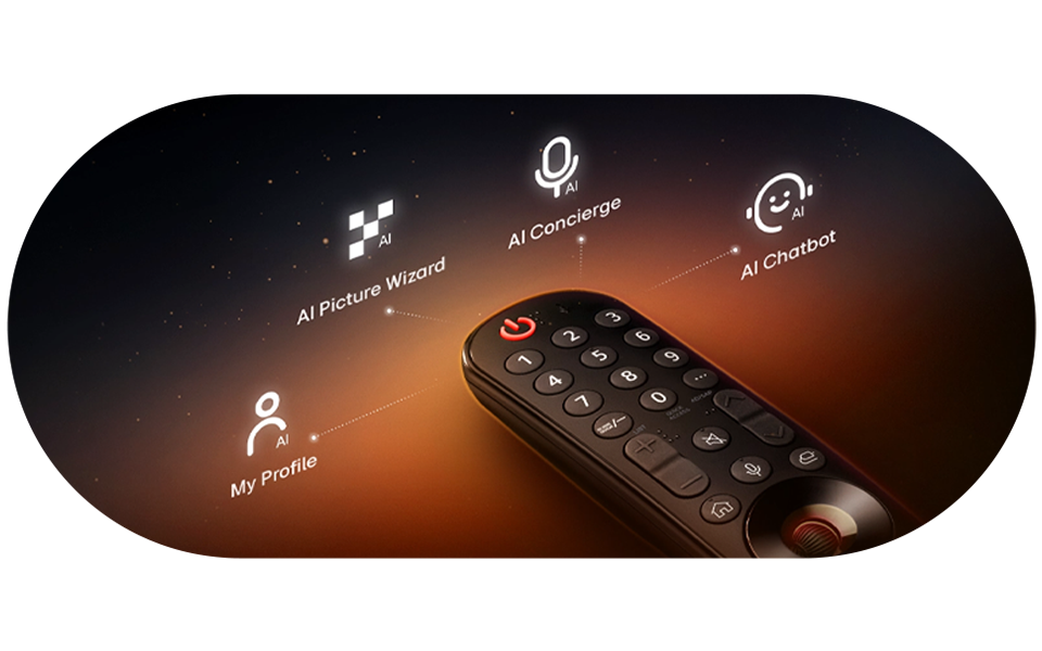 LG Remote med AI Experience som finns i LG AI TV, inkluderar tillgång till en chatbot, concierge och en anpassad profil. 