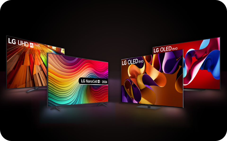 Fyra LG smarta TV-apparater i olika färger: OLED evo TV, OLED TV, LG UHD AI och LG NANOCELL AI TV-modeller visas tillsammans.