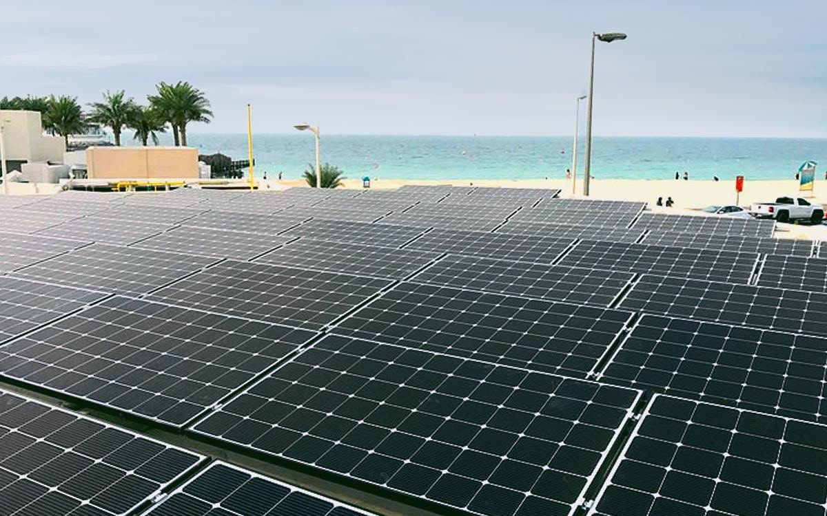 A solar panel set up, with blue sky in the background. LG are working towards a more solar, and sustainable, future | More at LG MAGAZINE